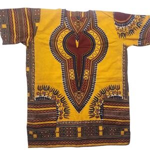 African Kente Cloth Short Sleeve V-Neck Tunic Hip Pockets Handmade Size M/L